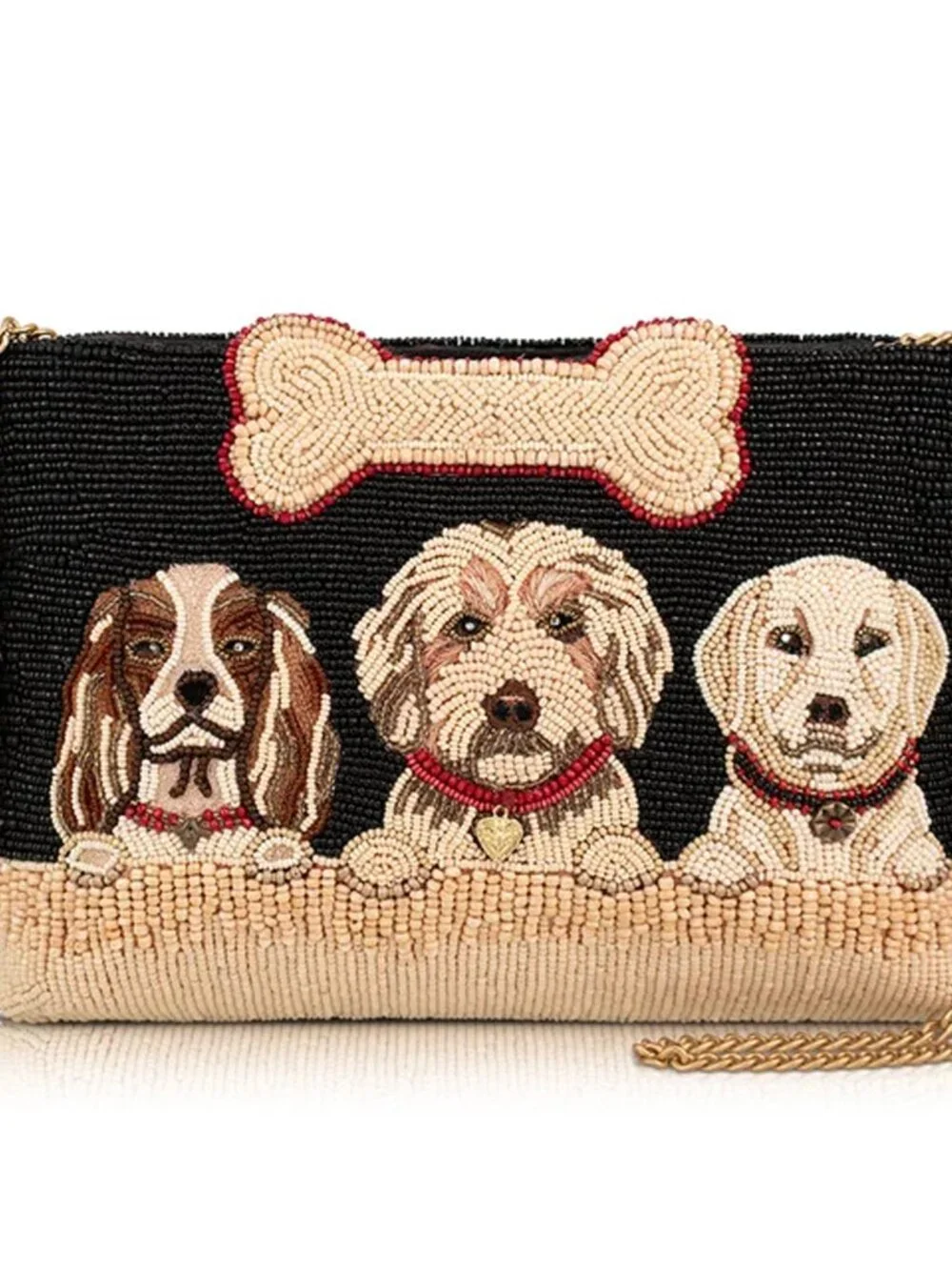 Mary Frances Pawsome Puppy Dog Bone Beaded Handbag Zip Bag Black Cream Purse NEW